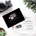 Tarjeta De Visita Cámara Vintage acuarela y fotografía florística<br><div class="desc">La tarjeta de visita perfecta para promocionar tu negocio de la fotografía. La parte delantera de la tarjeta incluye nuestra cámara de color de agua negro pintada a mano, con nuestras hermosas flores de cerezo rosa color agua enmarcando la cámara. Personalizar con su nombre comercial y sitio web. En el...</div>