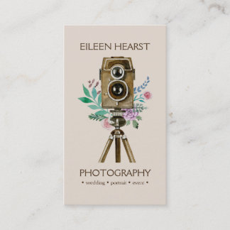Tarjeta De Visita Cámara Vintage y Flores Fotografía Acuarela