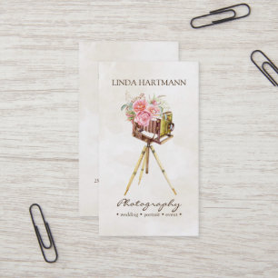 Tarjeta De Visita Cámara Vintage y Fotografía de Acuarela de Rosas