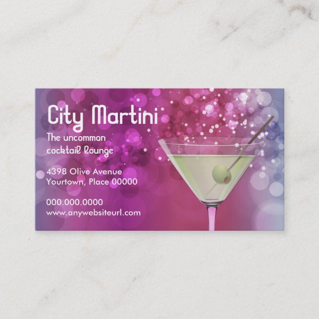 Tarjeta De Visita Camarero púrpura de la barra de Bokeh Martini (Anverso)