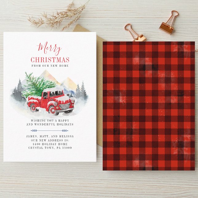 Tarjeta De Visita Cambio de dirección de navidades Camión Rojo en mo (Rustic Plaid Christmas Red Truck Holidays Moving Announcement)
