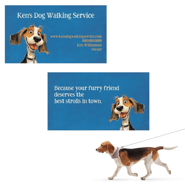 Tarjeta De Visita Caminata de perro lindo (Happy Beagle dog walking business card for trusted, local pet care and tail-wagging walks.)