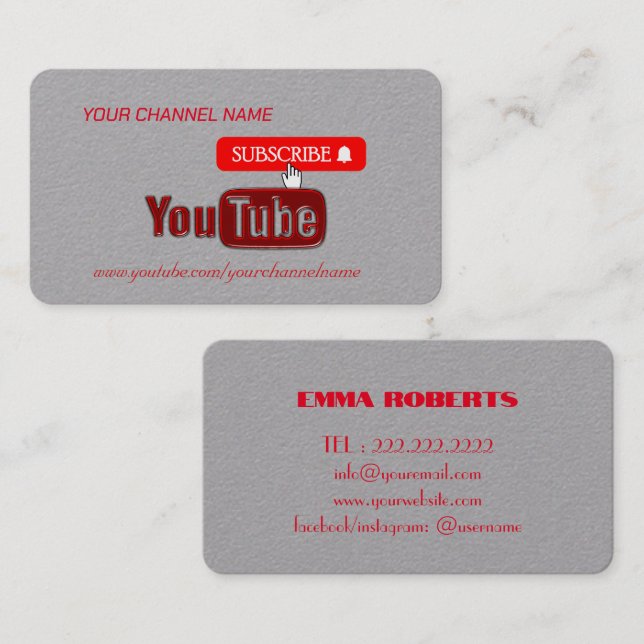 Tarjeta De Visita Canal de Youtube Rojo, Youtuber (Anverso / Reverso)