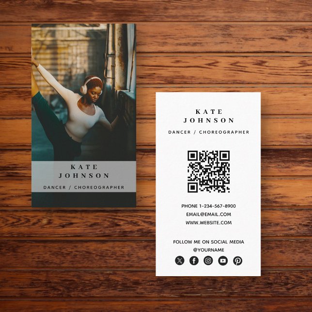 Tarjeta De Visita Canciógrafo bailarín Foto Medios sociales Código Q (Dancer Choreographer Photo Social Media QR Code Business Card)