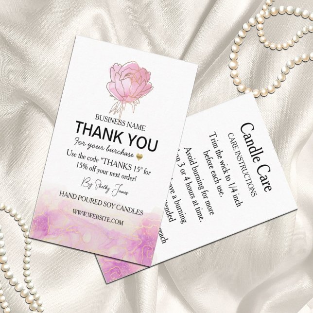 Tarjeta De Visita  Candle Care Pink Peony Flower | Thank You (Subido por el creador)