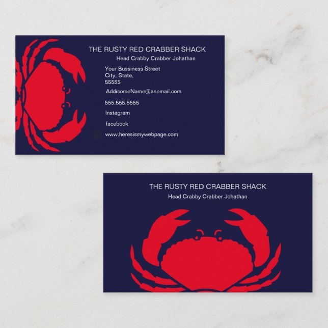 Tarjeta De Visita Cangrejo Rojo Marina de Mariscos Azul Blanco Simpl (Anverso / Reverso)