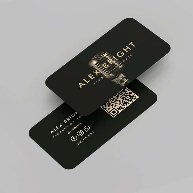 Tarjeta De Visita Cantante de música moderna grabando micrófono de o (Modern Musician Singer Recording Black Gold Mic Business Card
)