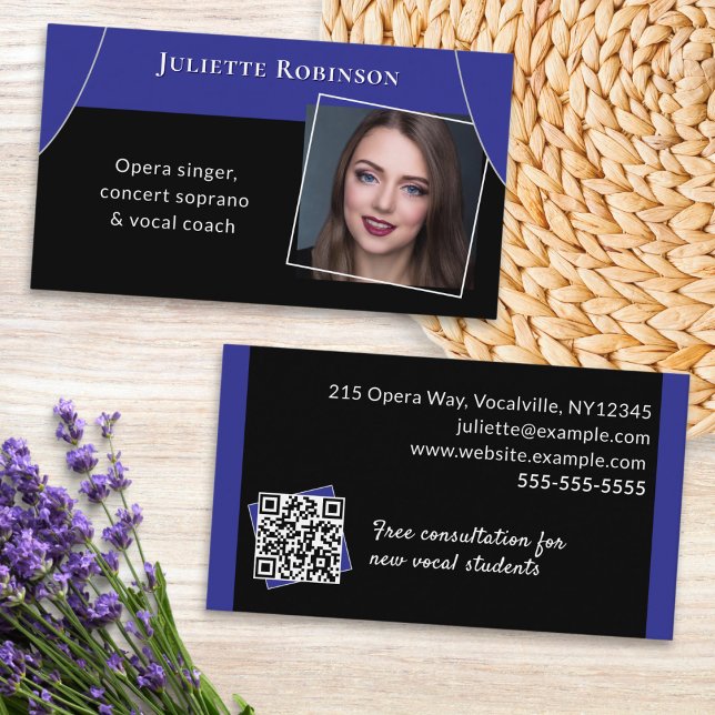 Tarjeta De Visita Cantante de Ópera Profesor de Canto Músico Código  (A stylish business card for an opera singer, with custom QR code, photo and contact details)