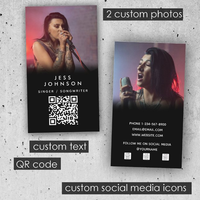 Tarjeta De Visita Cantante Musician Songwriter Banda Foto Código QR (Singer Musician Songwriter Band Photo QR Code Business Card)