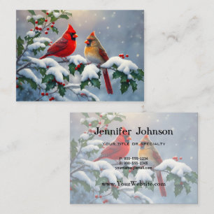 Tarjeta De Visita Cardenales rojos y Holly en la nieve