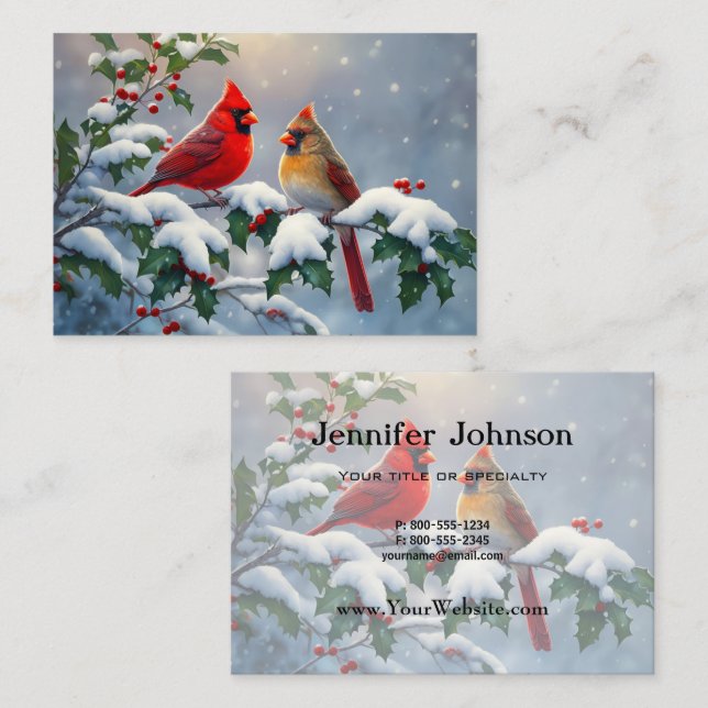 Tarjeta De Visita Cardenales rojos y Holly en la nieve (Anverso / Reverso)
