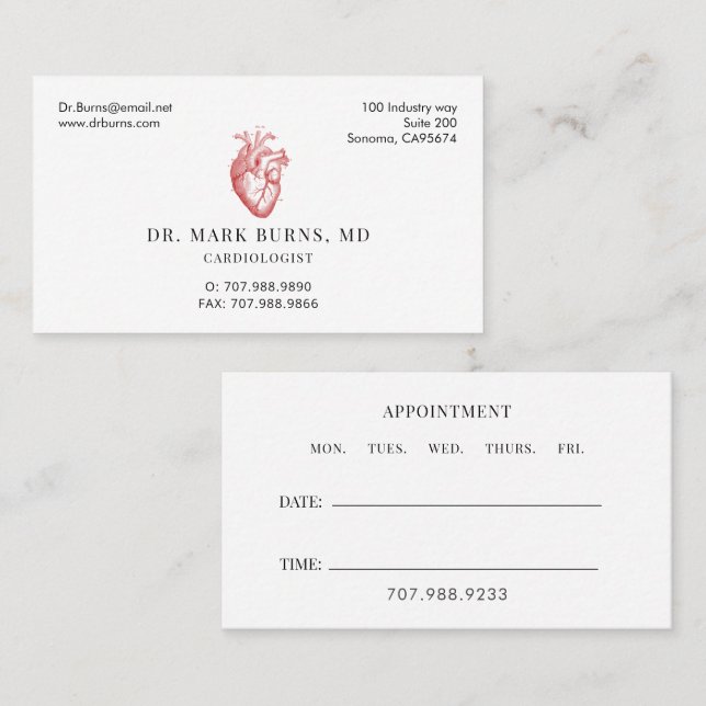 Tarjeta De Visita Cardiologist Doctor Anatomical Heart Appointment (Anverso / Reverso)