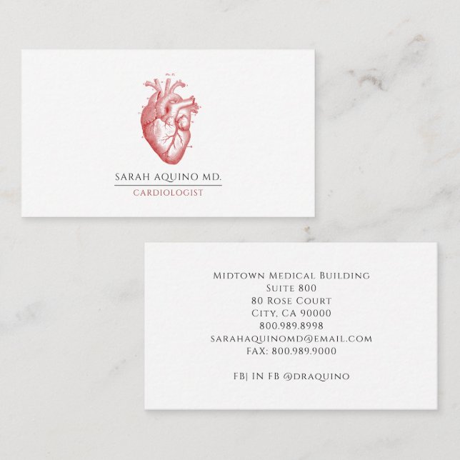 Tarjeta De Visita Cardiologist Doctor Anatomical Heart Illustration (Anverso / Reverso)