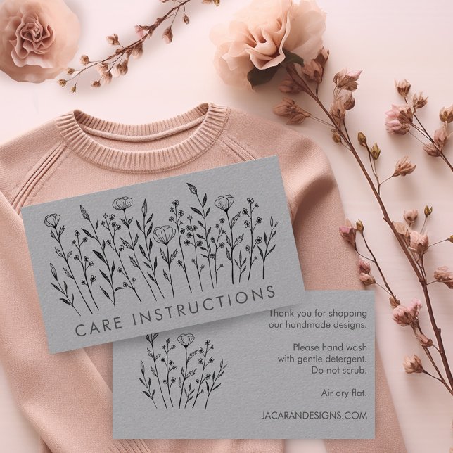 Tarjeta De Visita CARE INSTRUCCIONES Moda Elegant Wildflower Luxe (Custom "care instructions" business card with wildflower line art)