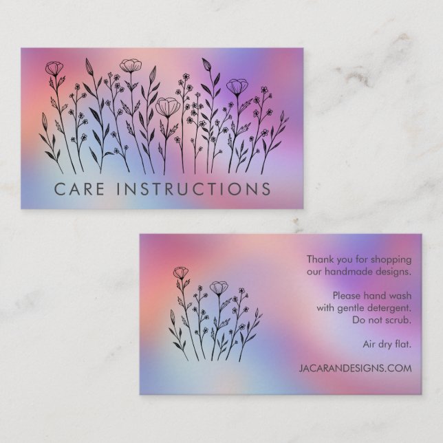 Tarjeta De Visita CARE INSTRUCTIONS Chic Elegant Wildflower TieDye (Anverso / Reverso)