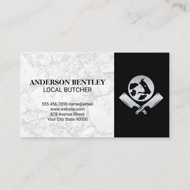 Tarjeta De Visita Carnicero Knife Livestock | Fondo de Marble Blanco (Anverso)