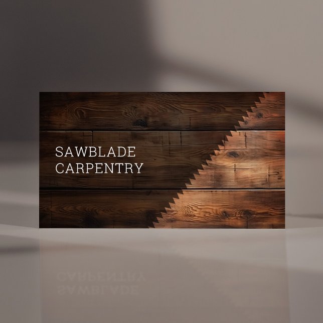 Tarjeta De Visita Carpintería Construcción Viñeta de madera rústica  (Modern dark wood planks photography with a hand saw, for carpenters or construction trade builders.)
