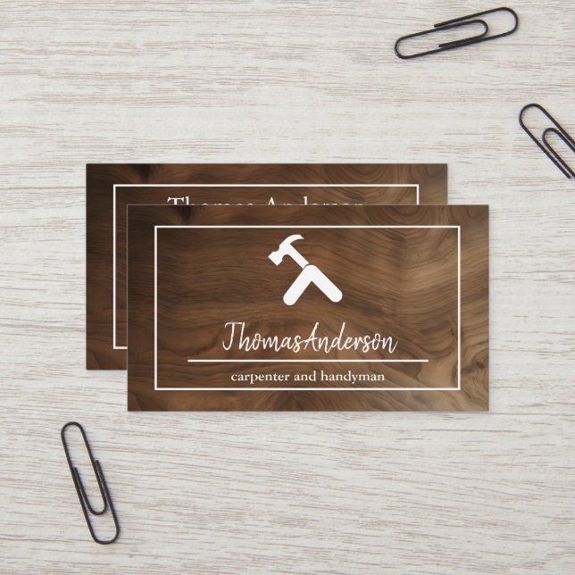 Tarjeta De Visita Carpintería Rústica de Veta de Madera Profesional (Anverso/Reverso In Situ)