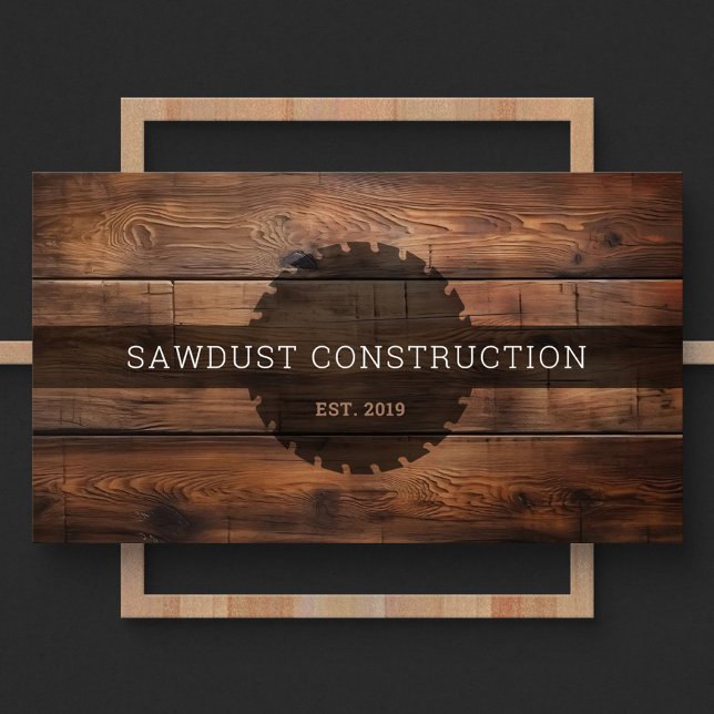 Tarjeta De Visita Carpintero de construcción Madera madera oscura rú (Front of a construction business card featuring dark rustic wooden timber and a round saw silhouette)