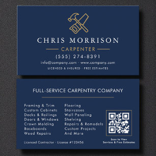 Tarjeta De Visita Carpintero moderno código QR azul marino y dorado
