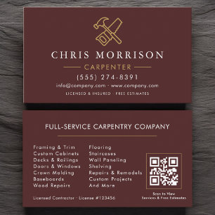 Tarjeta De Visita Carpintero moderno código QR burgundy oro