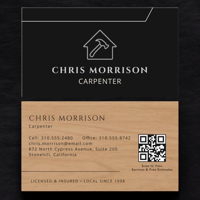 Tarjeta De Visita Carpintero moderno código QR de carpintería de mad (Subido por el creador)