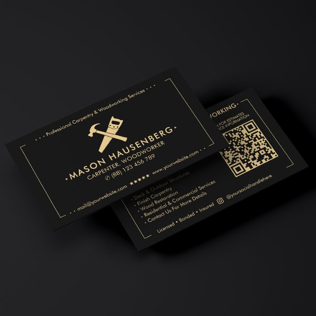 Tarjeta De Visita Carpintero moderno ebanista constructor de cubiert (Modern Carpenter Woodworker Deck Builder Black Business Card
)