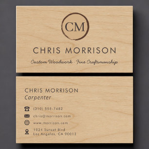 Tarjeta De Visita Carpintero Monograma de Madera Rústica Profesional