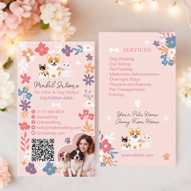 Tarjeta De Visita Carretera de perros de peluquero floral lindo masc (Whimsical floral cute pastel pet sitter dog walker business card)
