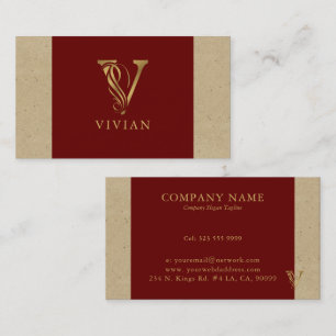 Tarjeta De Visita Carta de oro de fantasía V Monograma sobre rojo y