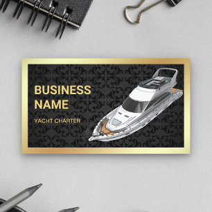 Tarjeta De Visita Carta de yate Black Damask Gold de lujo