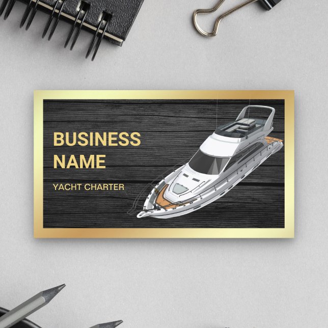 Tarjeta De Visita Carta de yate de lujo Rustic Gray Wood Gold (Subido por el creador)