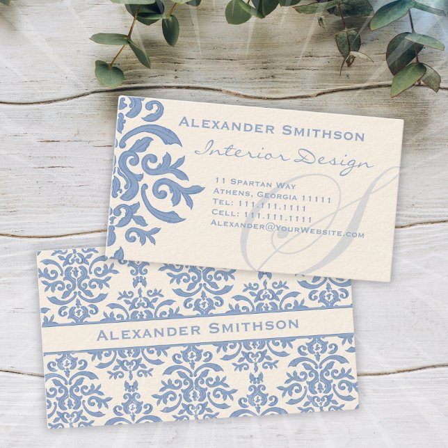 Tarjeta De Visita Carta elegante azul y crema Damask S (Subido por el creador)