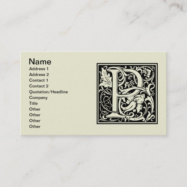 Tarjeta De Visita Carta P Monograma medieval Art Nouveau (Anverso)
