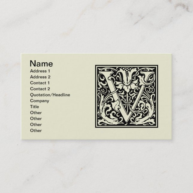 Tarjeta De Visita Carta V Monograma medieval Art Nouveau (Anverso)