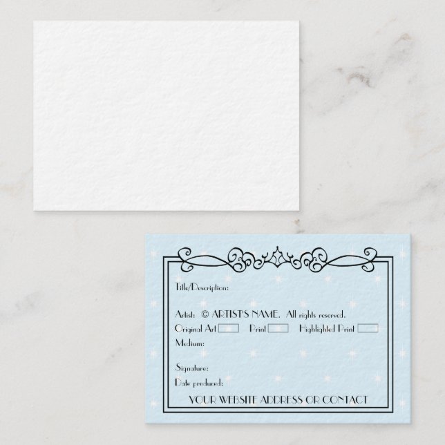 Tarjeta De Visita Cartas de arte en blanco de artista ACEO con COA (Anverso / Reverso)
