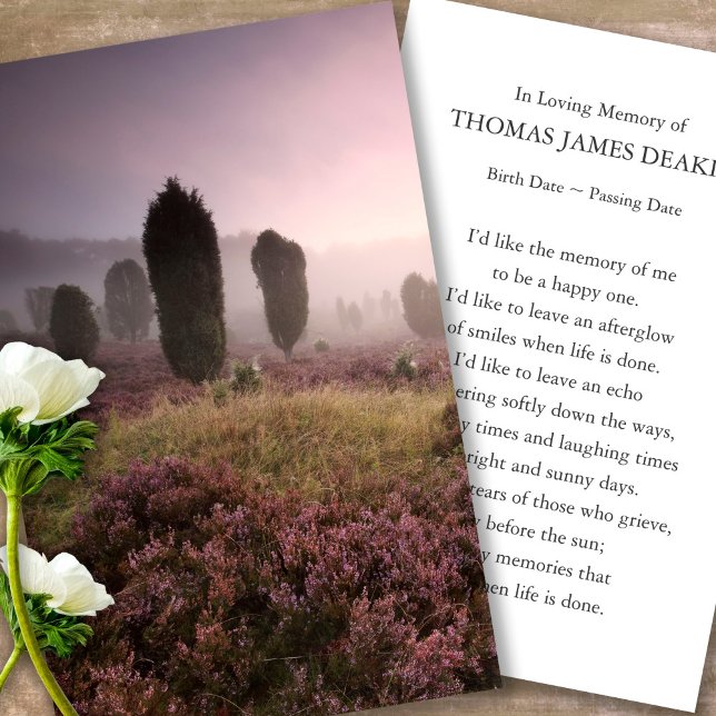 Tarjeta De Visita Cartas de oración para niebla funeraria mañana ama (pink heather fields, celebration of life, in loving memory of, prayer cards for bereavement)