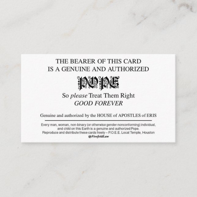 Tarjeta De Visita Cartas del Papa Discordiano (Anverso)