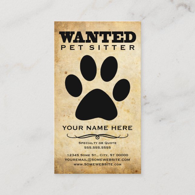 Tarjeta De Visita cartel de buscado de cuidador de mascotas (Anverso)