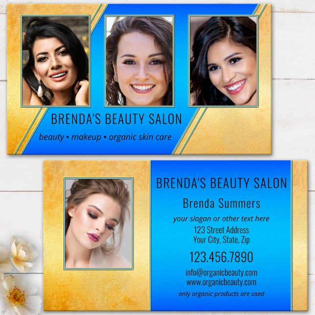 Tarjeta De Visita Cartera Salón de Belleza Azul Oro (Modern beauty business card showing your photos framed by a turquoise blue and gold artistic design)