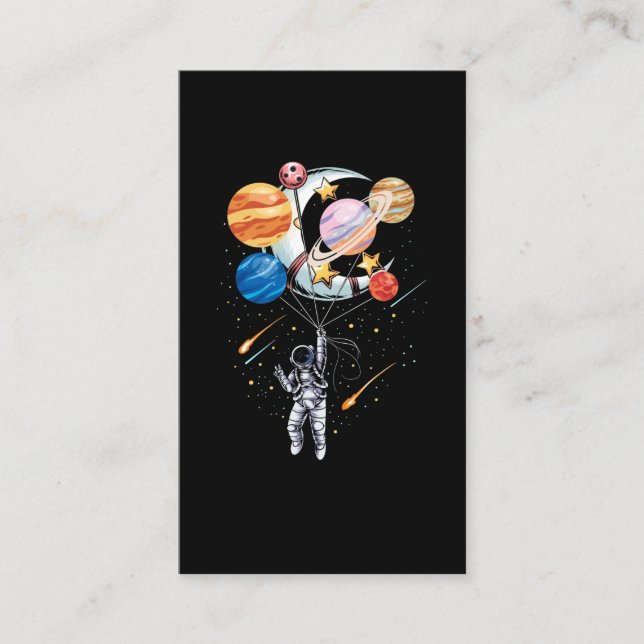 Tarjeta De Visita Cartoon Astronaut Space Balloon Planets (Anverso)