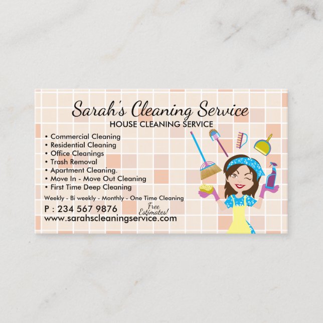 Tarjeta De Visita Cartoon Orange Maid Janitorial Lady House Cleaning (Anverso)