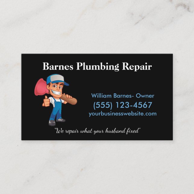 Tarjeta De Visita Cartoon Plunger Guy Professional Plumbing Service (Anverso)