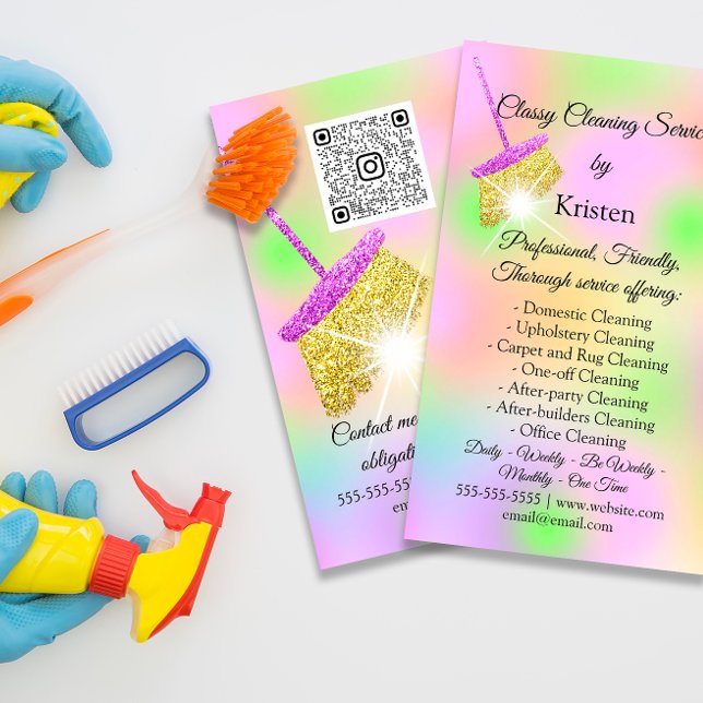 Tarjeta De Visita Casa de servicios de limpieza Conservación del cre (Cleaning Services Holograph QR CODE PINK GOLD FLORENCEK)