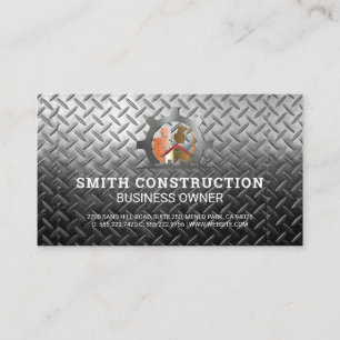 Tarjeta De Visita Casa del engranaje de construcción   Fondo metálic