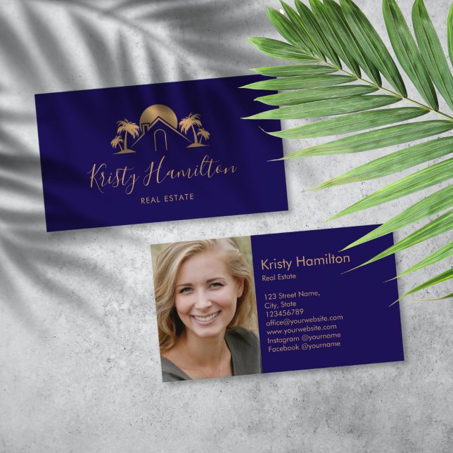 Tarjeta De Visita casa profesional de propiedad inmobiliaria de palm (gold palm tree house real estate logo business card)