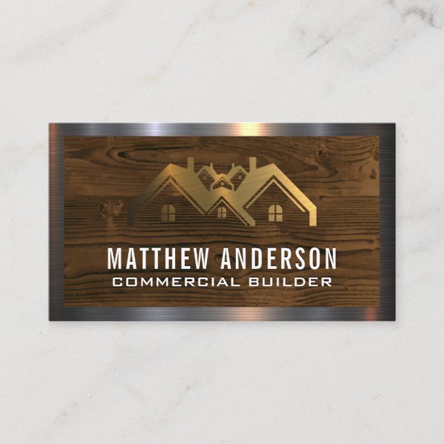 Tarjeta De Visita Casas metálicas de oro | Madera (Anverso)