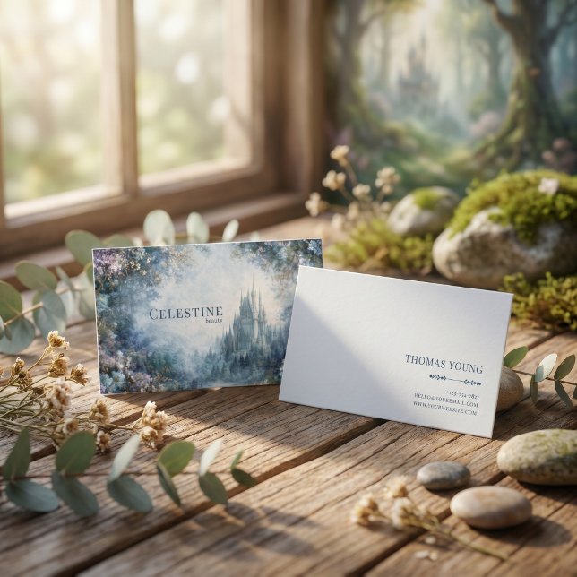 Tarjeta De Visita Castillo de Cuento de Hadas Flores Moradas Bosque  (Subido por el creador)