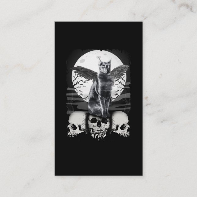 Tarjeta De Visita Cat Raven Skulls Creepy Crow Moon Kitten Gótico (Anverso)