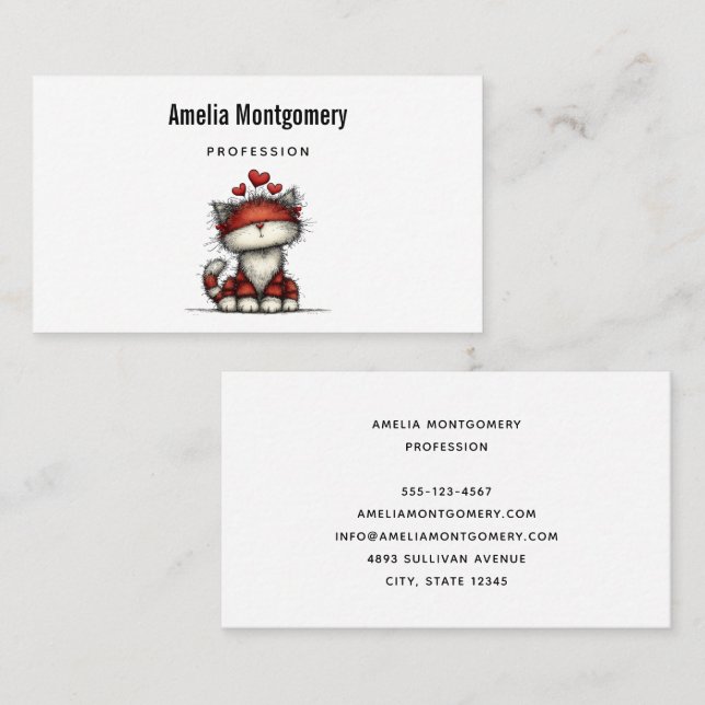 Tarjeta De Visita Cat with Red Love Hearts Cute and Funny (Anverso / Reverso)